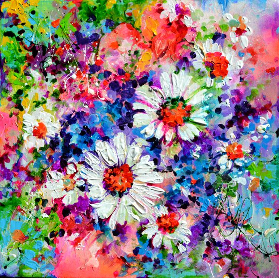 I've Dreamed 14 - Daisies and Cottage Flowers, 40x40, FREE SHIPPING, Large Modern Ready to Hang Poppy Painting - Poppies Flowers Acrylics Painting