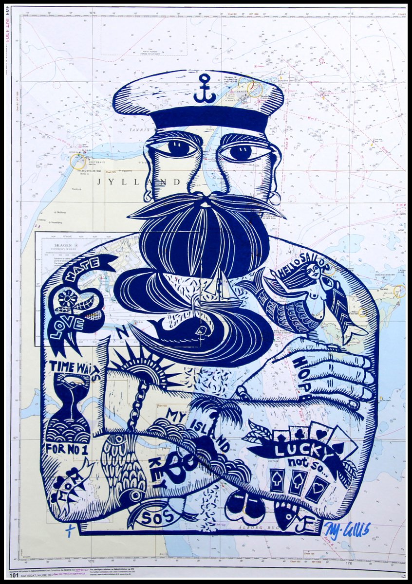 Sailor, linocut on vintage seachart by Mariann Johansen-Ellis