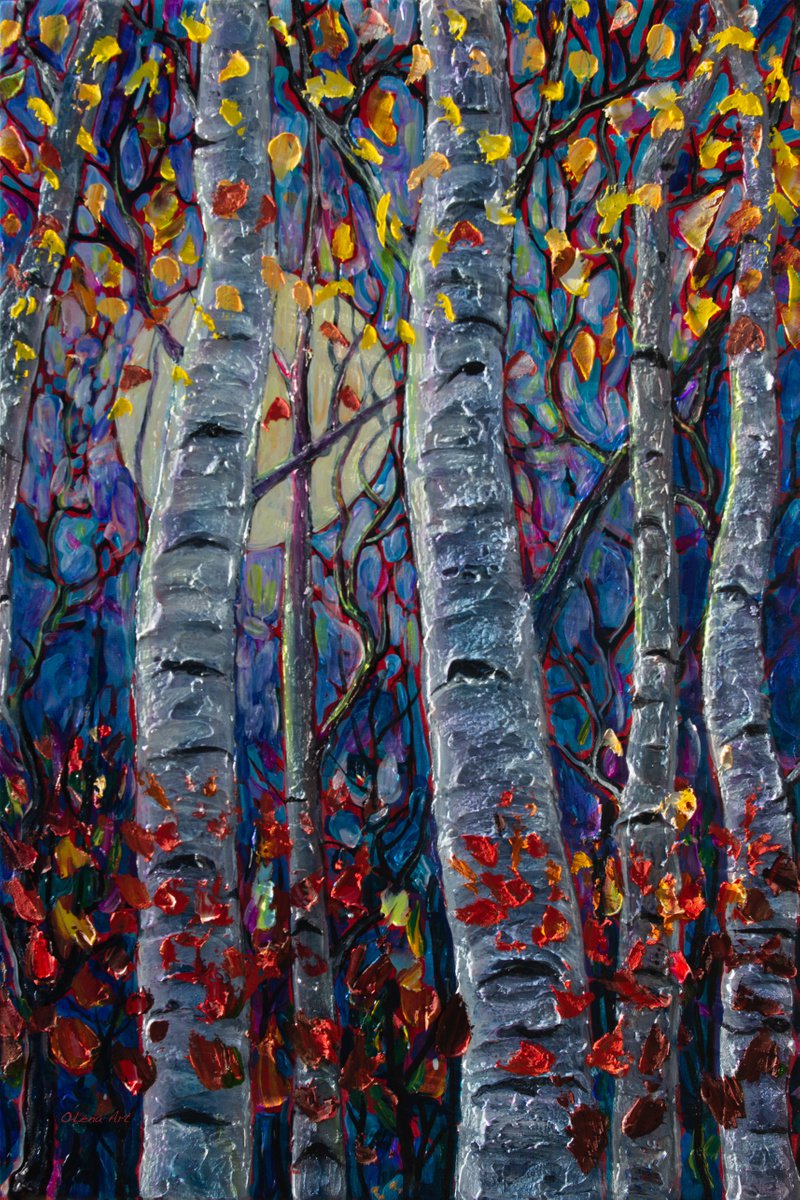 Aspen and Maple Trees in Moonlight by OLena Art - Lena Owens
