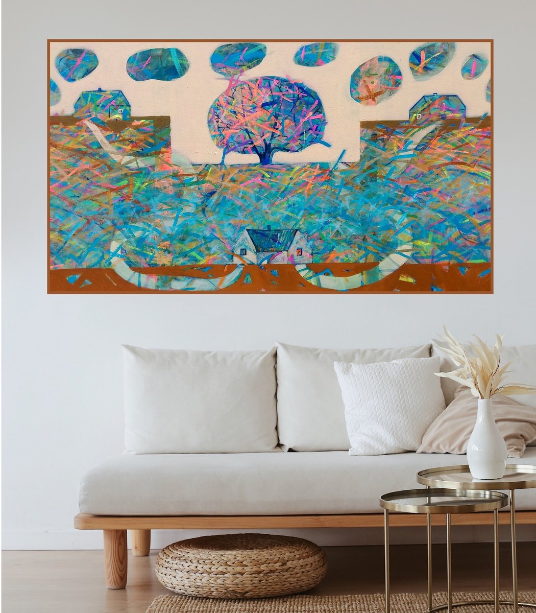 Expressive Landscape Acrylic Painting By Victoria Cozmolici, 47 X 28", Tree Of Life, Original Artwork