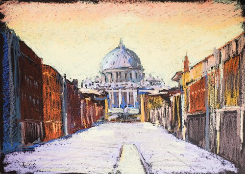 Sunset in Rome. View of San Pedro. Cities of my dreams series. Small oil pastel drawing bright colors italy by Sasha Romm