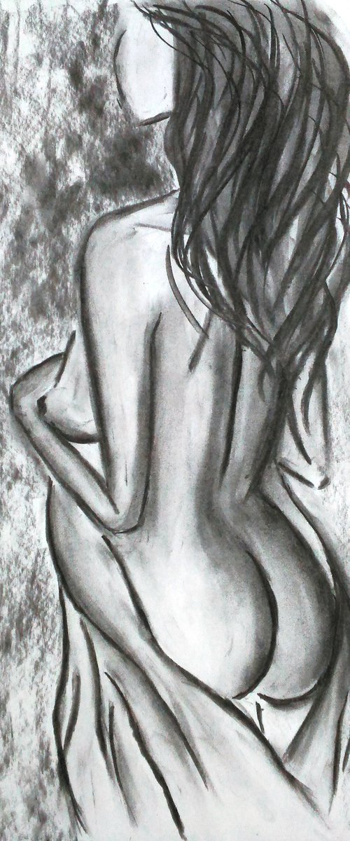 Female Nude Drawing Original Charcoal Sketch Black Monochrome Artwork Woman Nude Back View Home Wall Art 12 by 17" by Halyna Kirichenko