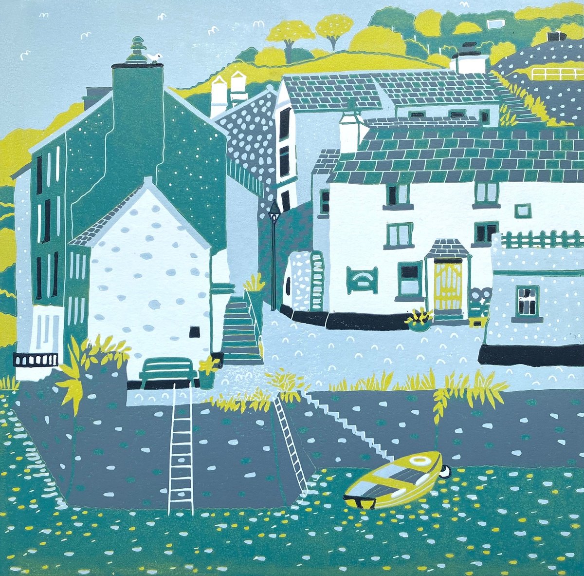 Illustrative Landscape Linocut By Nathalie Pymm Art, 12 X 12", Polperro, Original Artwork