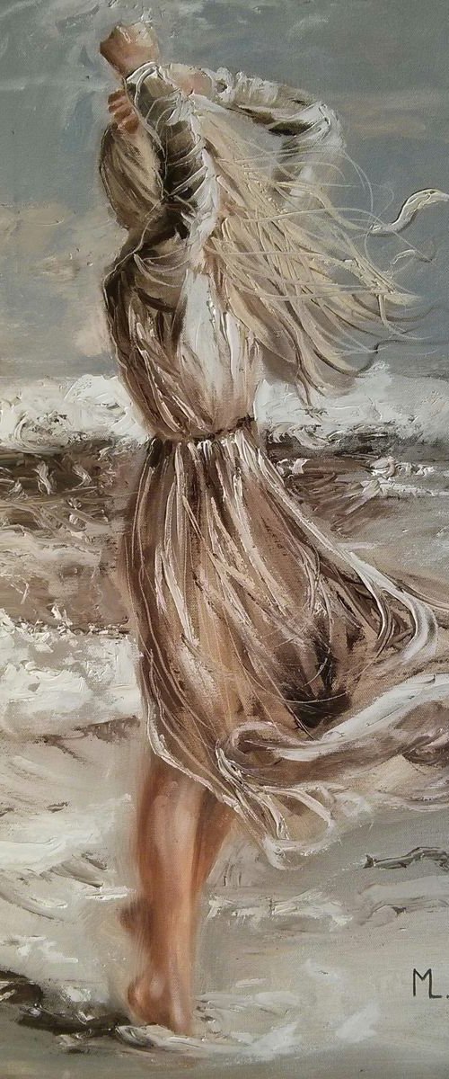 " DANCING WITH THE WIND ... "- SEA SAND liGHt  ORIGINAL OIL PAINTING, GIFT, PALETTE KNIFE by Monika Luniak