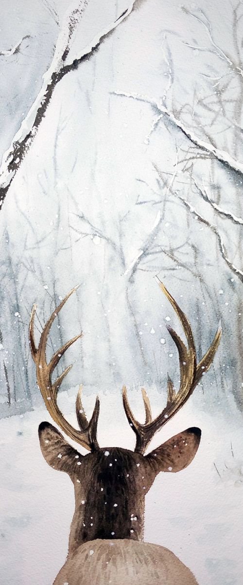Follow Me!  - Stag Deer in Win by Olga Beliaeva Watercolour