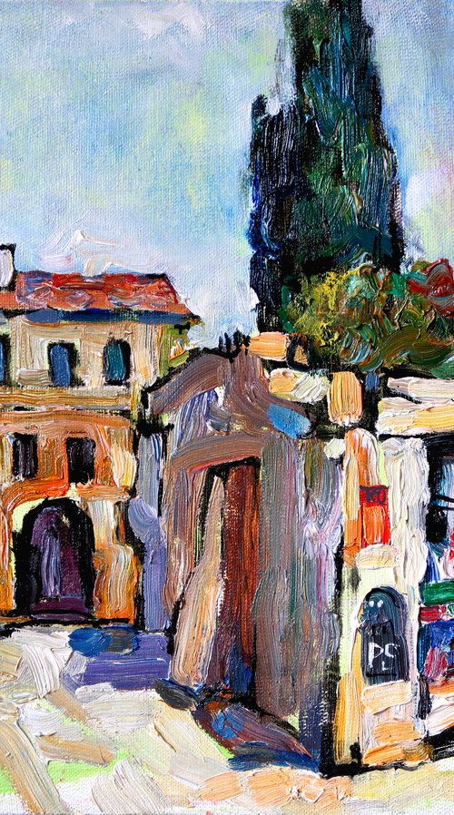 Street, cypresses, Provence. by Nikifor Swiristuhin