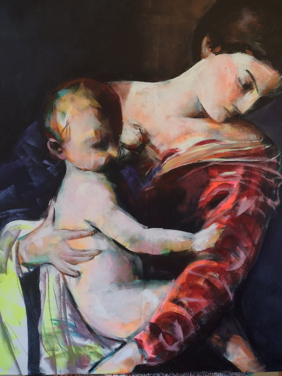 Expressive Portrait Acrylic Painting By Marina Del Pozo, 32 X 39", Baroque Madonna, Original Artwork