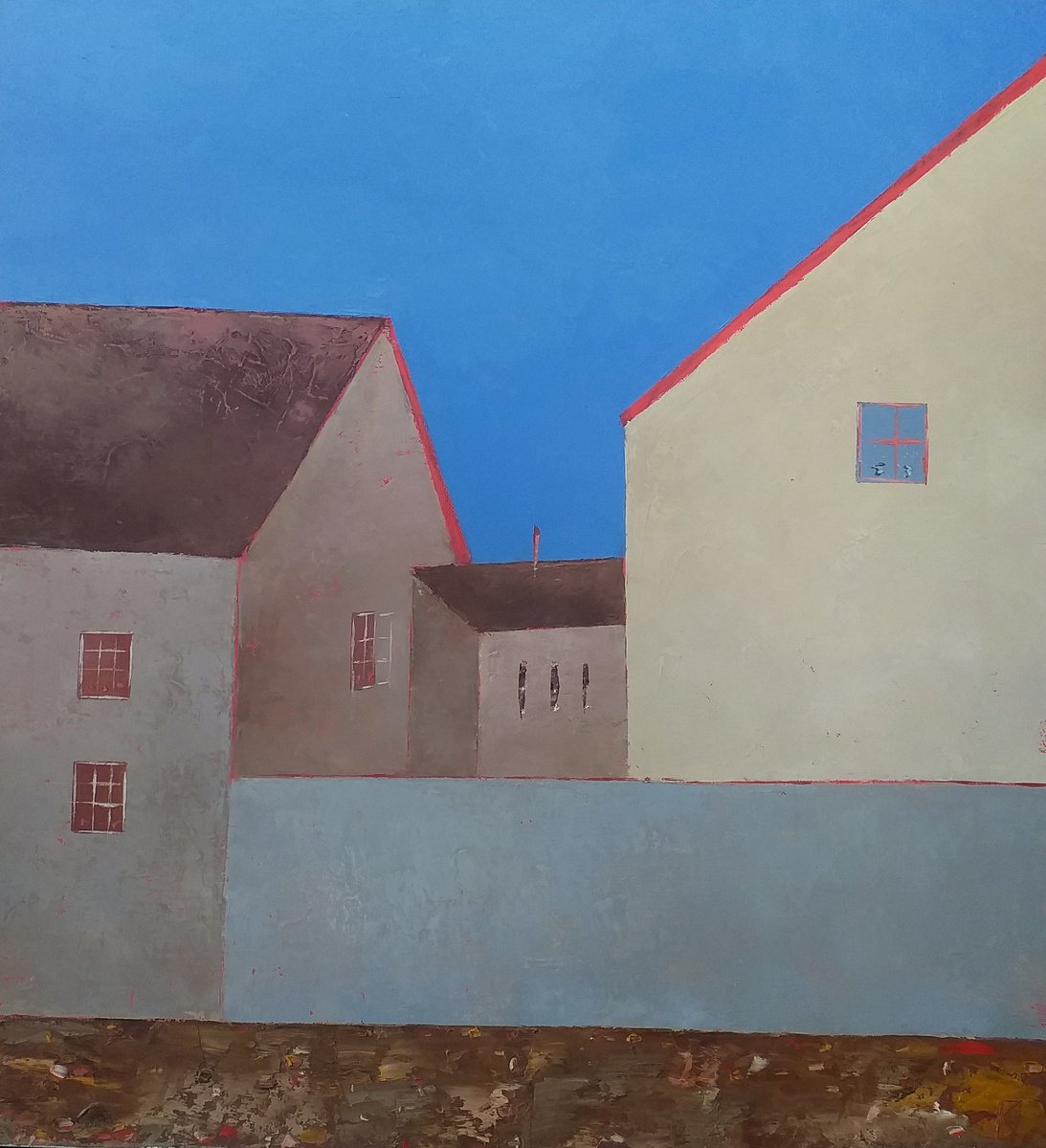 Abstract Cityscapes Oil Painting By Kestutis Jauniskis, 20 X 21", Architectural Forms 2/1, Original Artwork