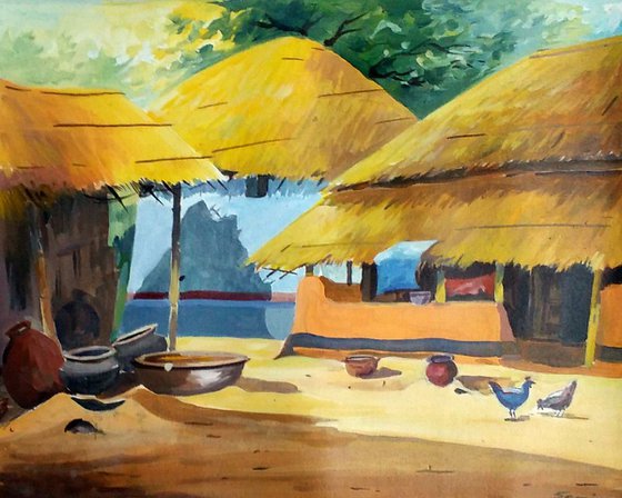 Morning Rural Hut - Acrylic on Canvas Painting