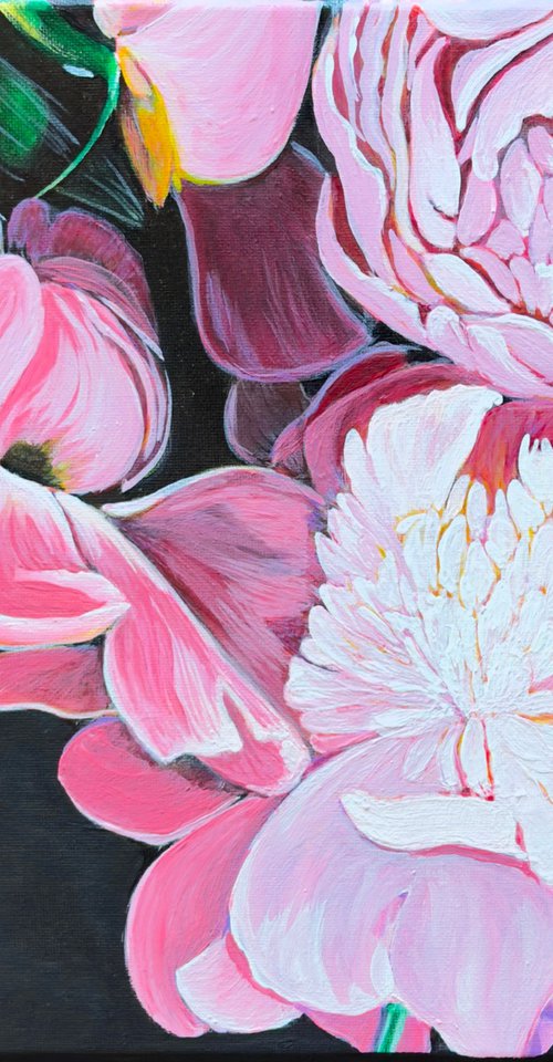 Pink Peonies on Dark Ground by Elena Bogatova