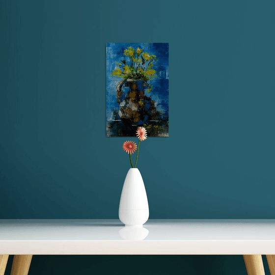 Modern still life painting with flowers in vase. Gift art