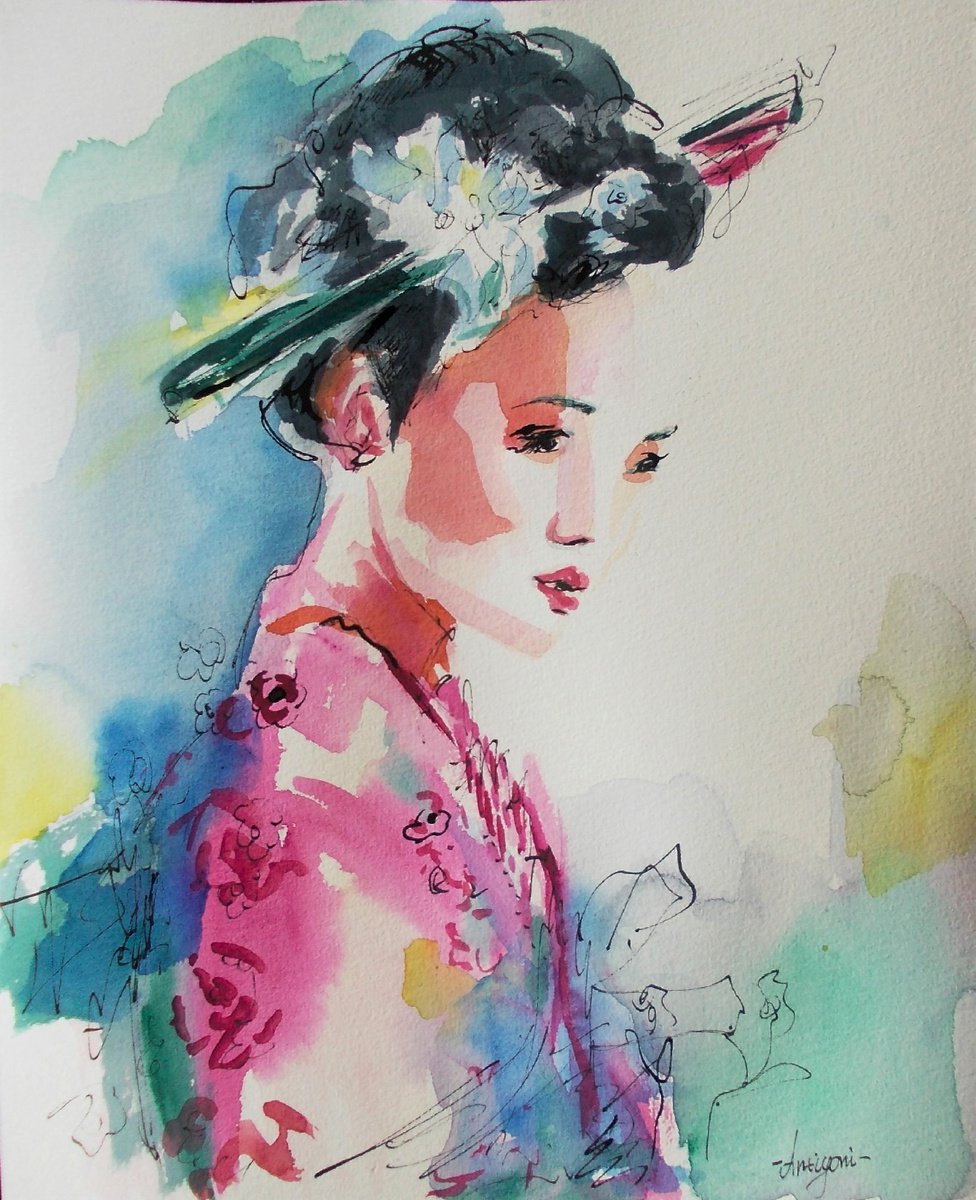 Michiko 2 - Geisha Watercoolr Painting Watercolour by Antigoni Tziora ...