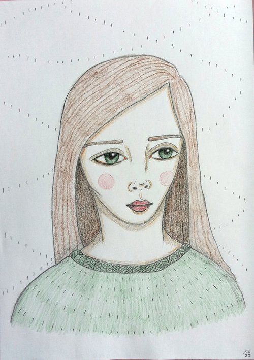 Portrait in a Green Jumper - Original Drawing by Kitty  Cooper