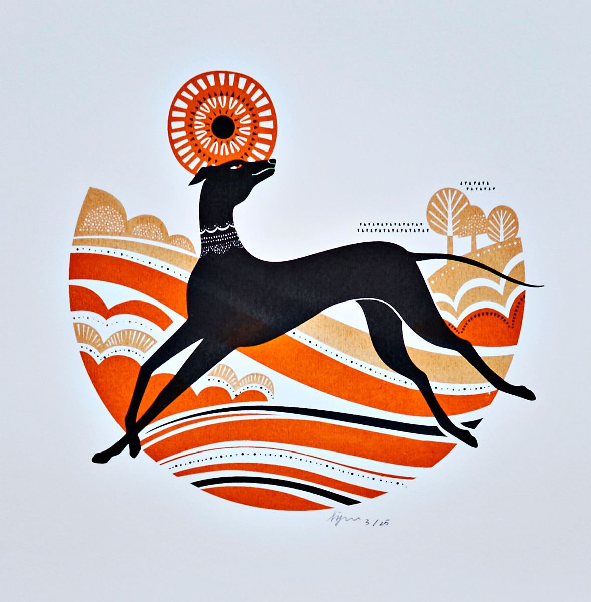 Black Greyhound Whippet Illustration Silkscreen Art Print by DoodleDuck Designs