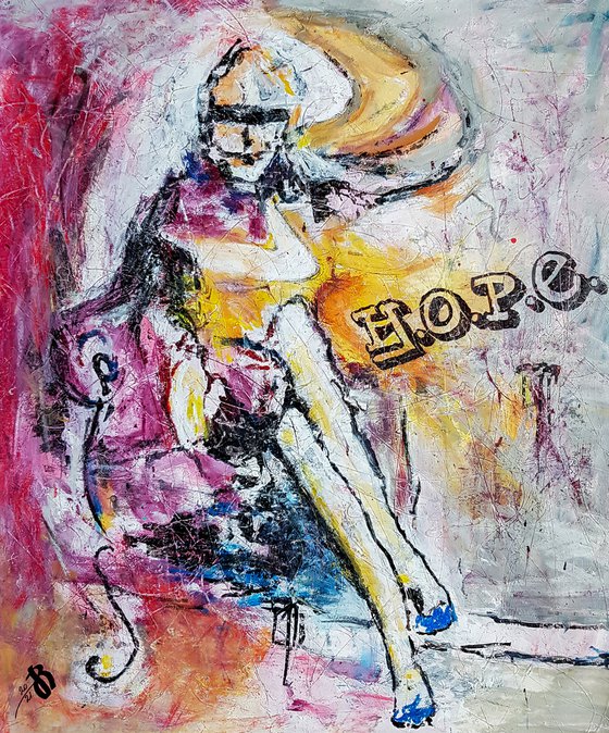 - Sitting Woman (H.O.P.E.) - Hold On, Pain Ends - Large XXL Painting. 96x116 cm.
