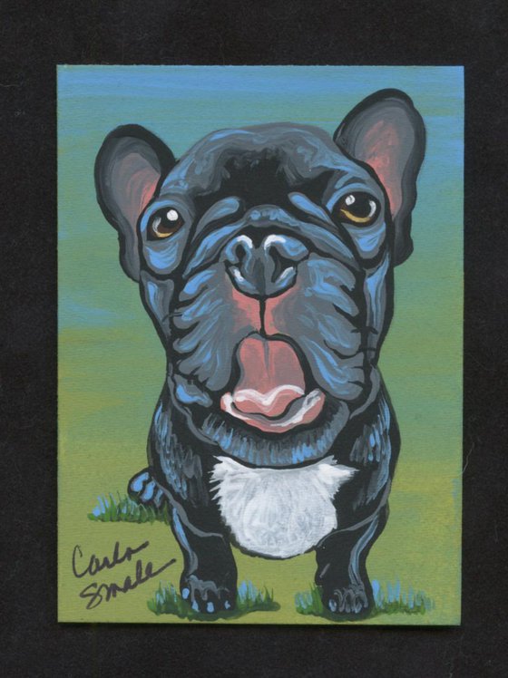 ACEO ATC Original Painting Blue French Bulldog Frenchie Dog Art-Carla Smale