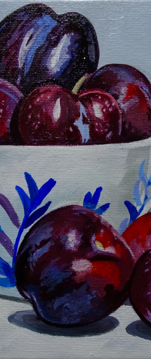 Plums In Blue And White Bowl by Joseph Lynch