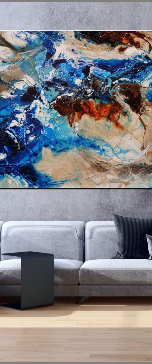 Drifting Grace 250cm x 150cm Blue White Abstract Art by Franko