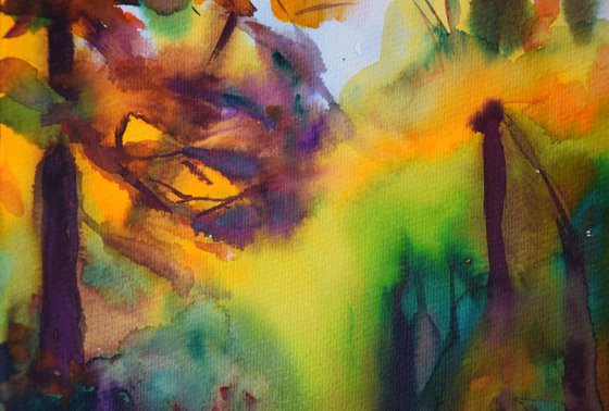 Autumn watercolor painting Abstract landscape, Fall forest path