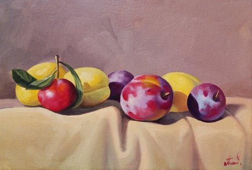 Still life with plums and apricot  (20x30cm, oil painting, ready to hang) by Tamar Nazaryan