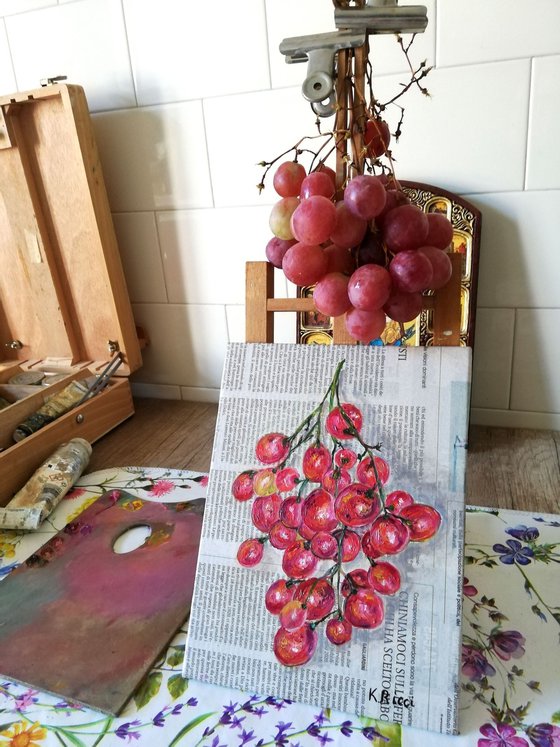 "Grapes on Newspaper " Original Oil on Canvas Board Painting 7 by 10 inches (18x24 cm)