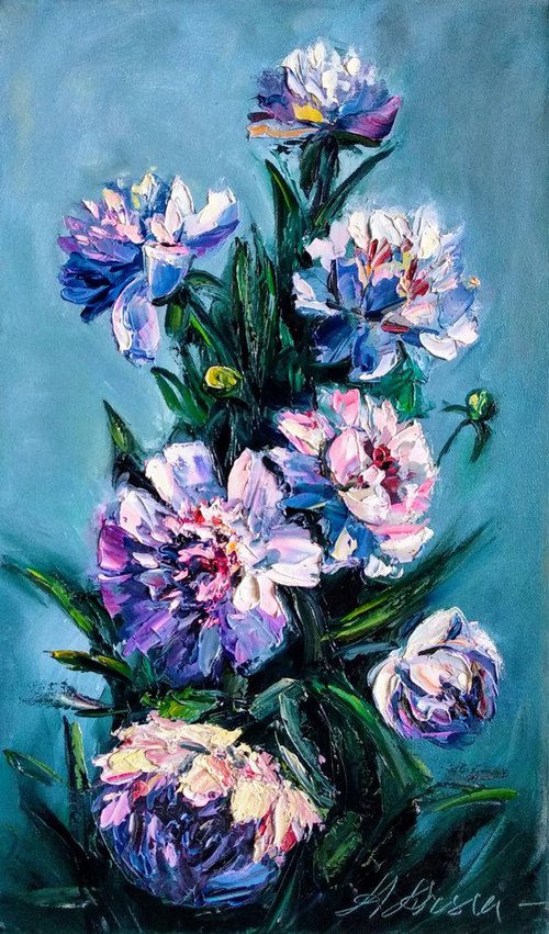 Bouquet of Flowers Peony Beautiful Brush Strokes Original Art Impressionistic Textured Painting by Anastasia Art Line