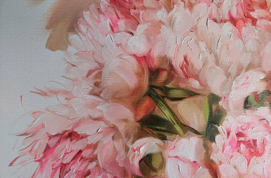 Peony oil painting original canvas art, Lady bug Pink flowers oil artwork
