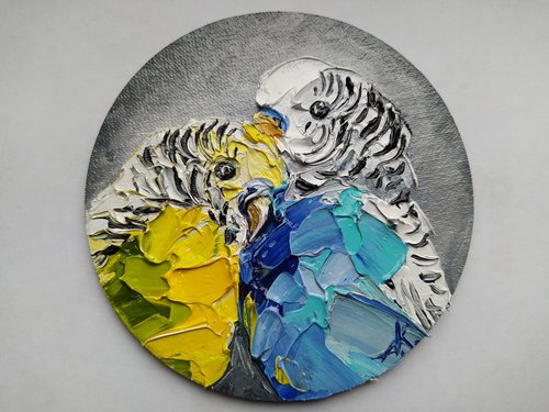 In love - parrots oil painting,parrots, birds love, love, birds, animals oil painting, art bird, impressionism, palette knife, gift. by Anastasia Kozorez