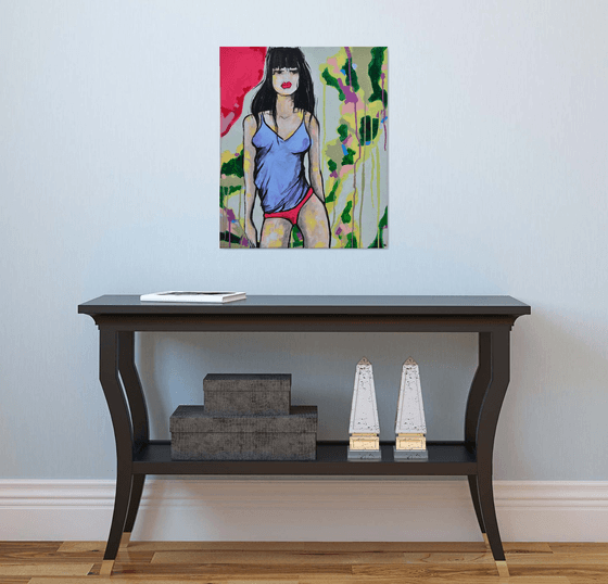 Green Loving Hot Peppers Girl - Original Modern Painting Art on Canvas Ready To Hang