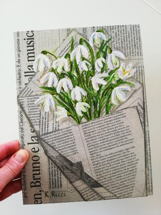 "Snowdrops Winter Flowers in a Newspaper Bag" Original Oil on Canvas Board Painting 7 by 10 inches (18x24 cm)