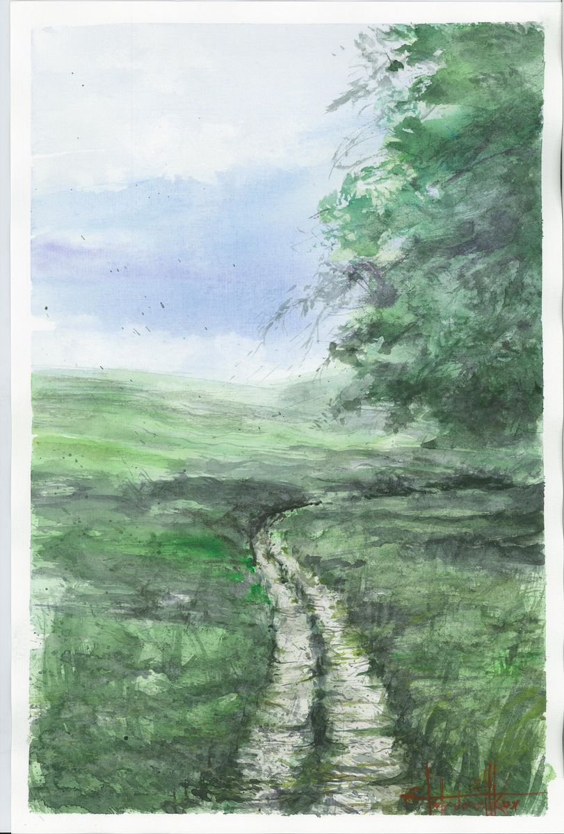 Impressionistic Still Life Watercolour By Eugene Gorbachenko, 9 X 15, Road In The Field, Original Artwork