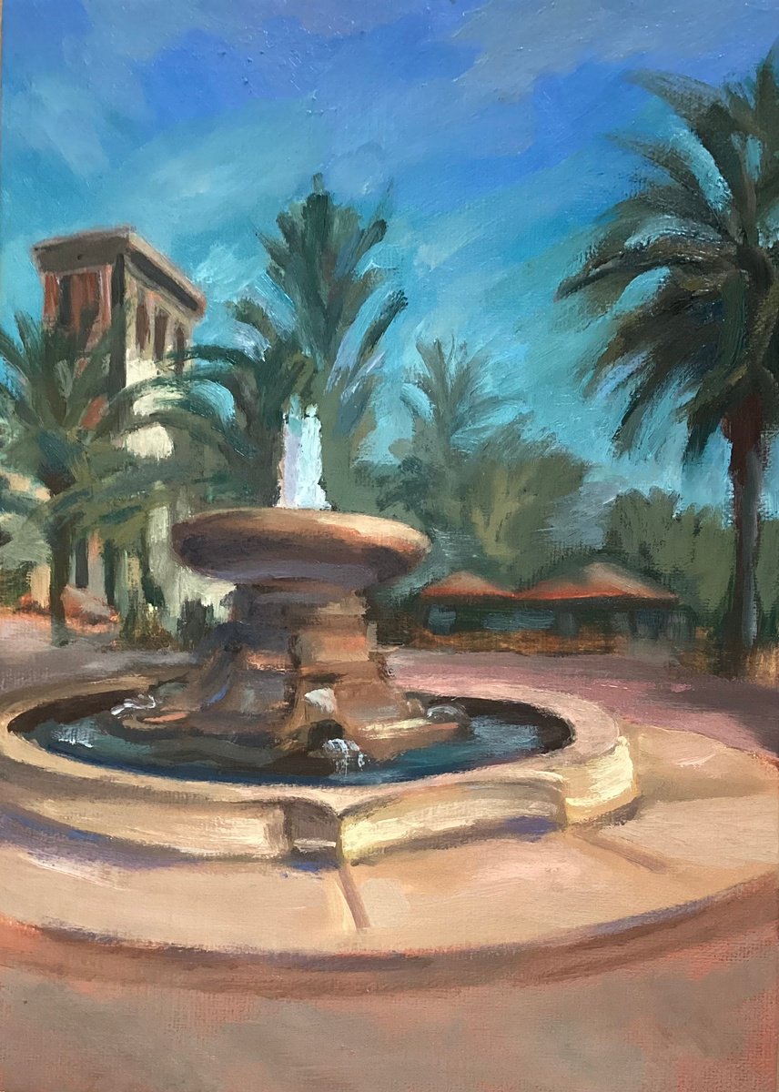 Impressionistic Cityscapes Oil Painting By Grace Diehl, 5 X 7, Meet You At The Fountain, Original Artwork