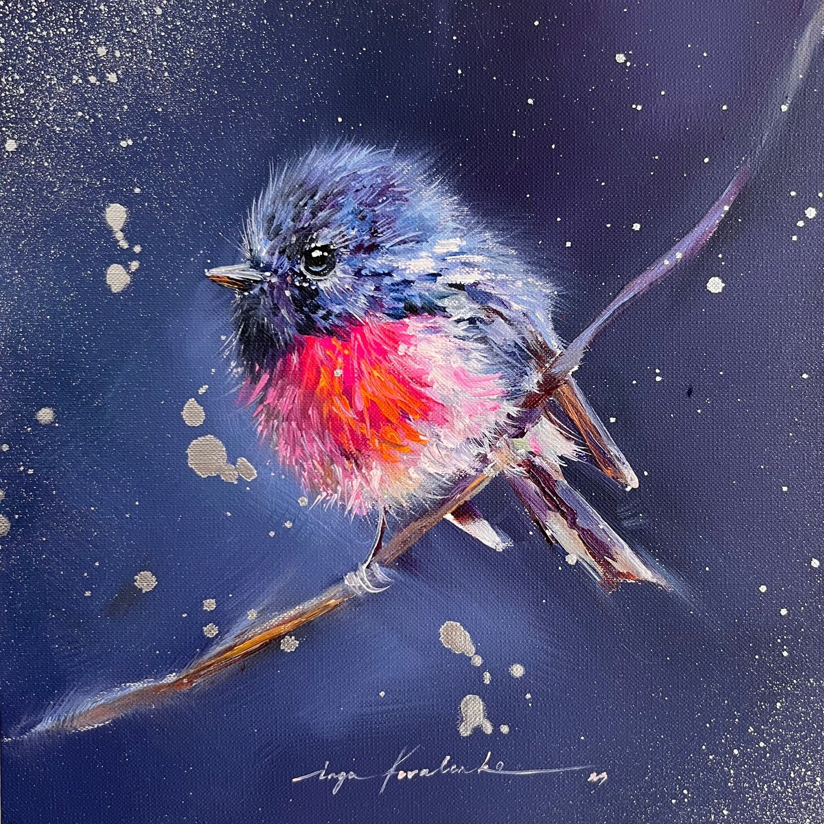 Pink robin, little bird, fluffy chick by Inga Kovalenko