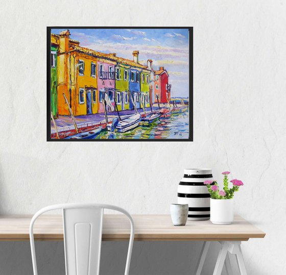 "Vibrant houses and boats " original oil painting, ready to hang, water wall decor, gift idea