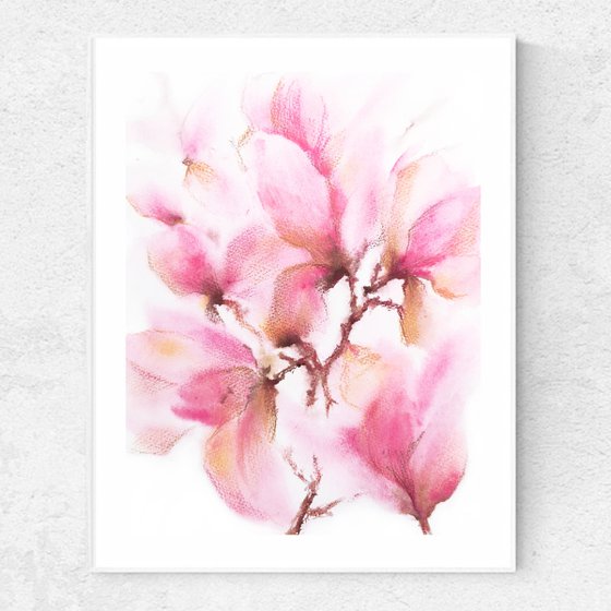 Watercolor floral painting Spring magnolias