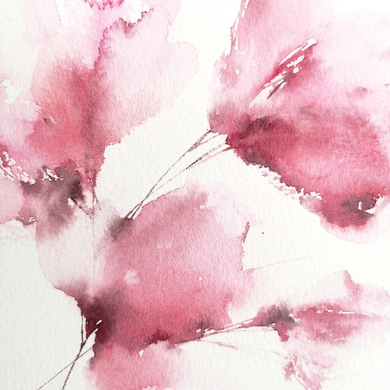 Pink abstract flowers, small watercolor painting