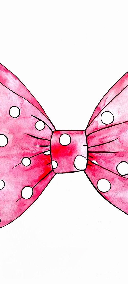 Pink Bow Art, Watercolor Painting by Luba Ostroushko