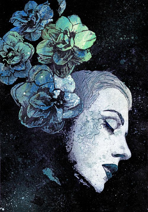 Obey Me: Blue | romantic female portrait | flower lady painting | graffiti floral illustration by Marco Paludet