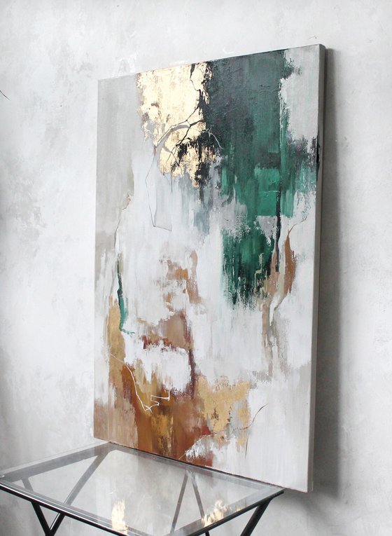 "Emerald Flux 2" Green gold abstract art