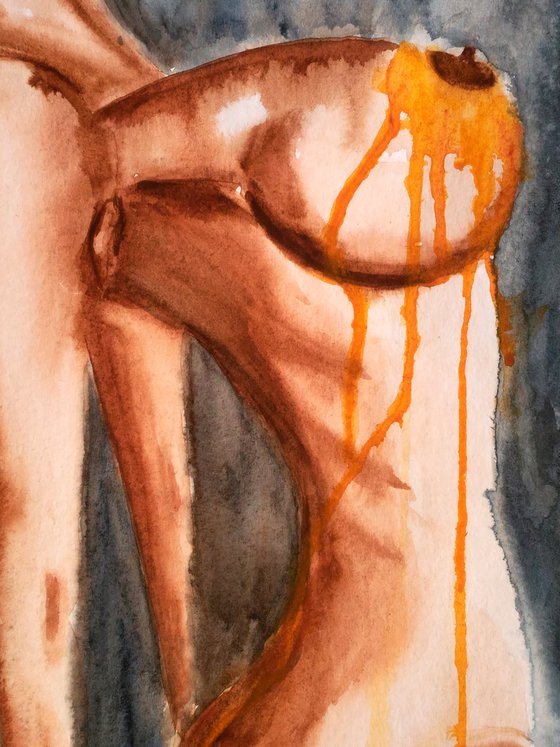 Nude Painting Woman Original Art Female Sitting Nude Watercolor Woman's Breast Small Erotic Home Wall Art 12 by 17" by Halyna Kirichenko