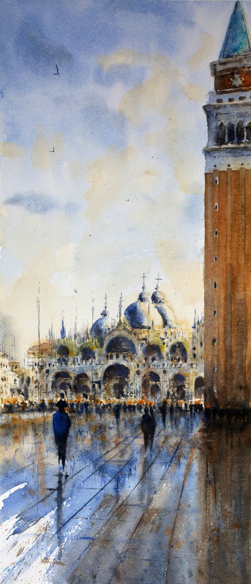 In shadow of San Marco tower Venice Italy 23x54cm 2020 by Nenad Kojić watercolorist