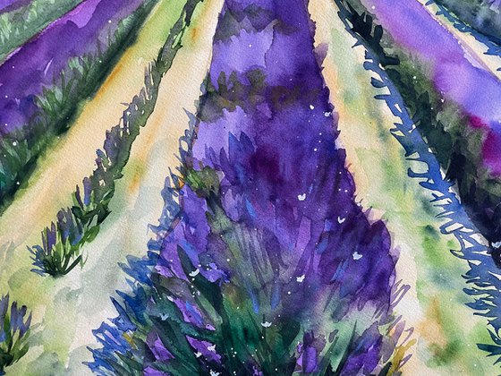 Lavender Original Watercolor Painting, Large Landscape Artwork, Purple Wall Art, France Picture