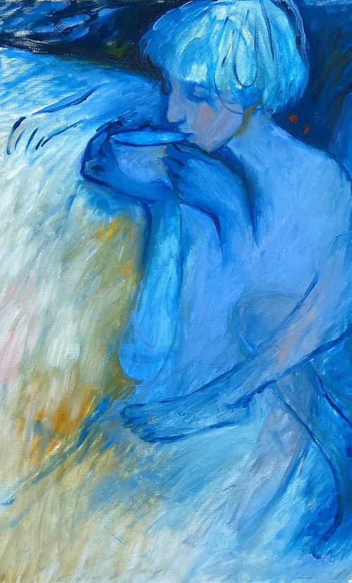 BlUES IN BLUE - figurative art, beautiful oil painting with a girl, human figures, wall art by Irene Makarova