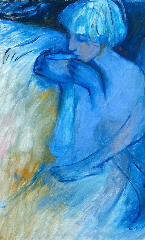 BlUES IN BLUE - figurative art, beautiful oil painting with a girl, human figures, wall art by Irina Makarova