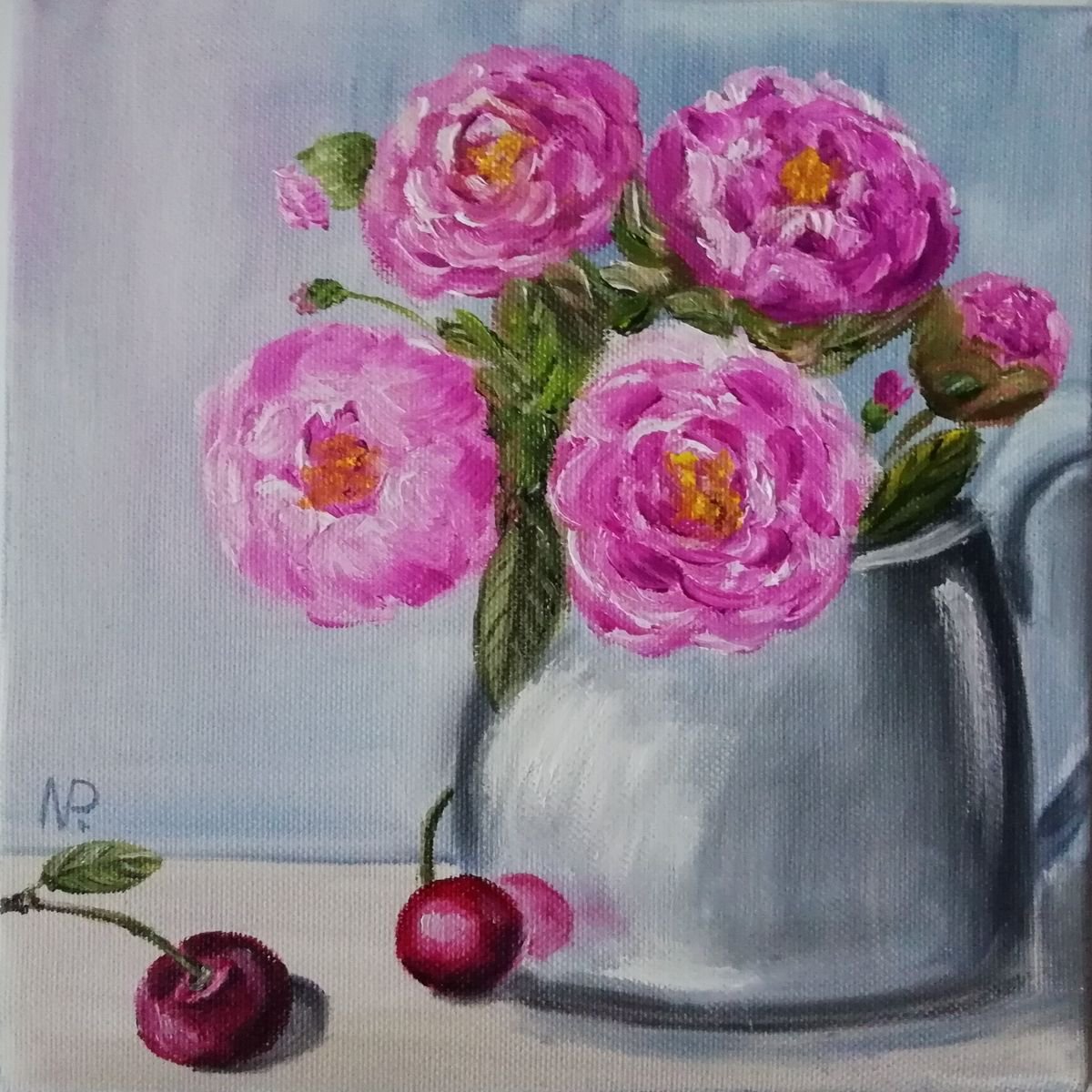 Still life with peonies, cherry, original canvas small gift idea for her, oil painting, wa... by Nataliia Plakhotnyk
