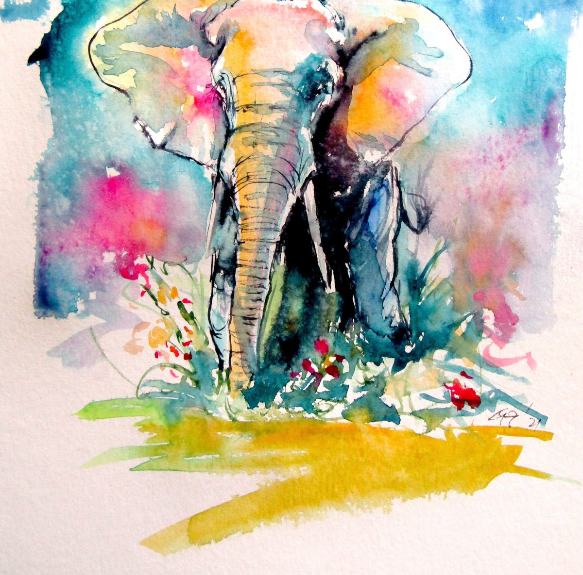 Impressionistic Animal Watercolour By Kovacs Anna Brigitta, 10 X 13", Colorful Elephant With Flowers, Original Artwork