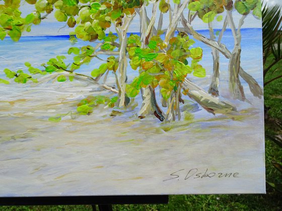 DAY ON THE BEACH. Tropical Island Seascape Painting of Florida Beach and Fishing Boat.