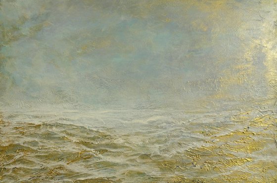 Modern Abstract Heavy Textured Landscape Painting. 61 x 91cm. Contemporary Art. Neutral Tones and Gold Abstract Seascape