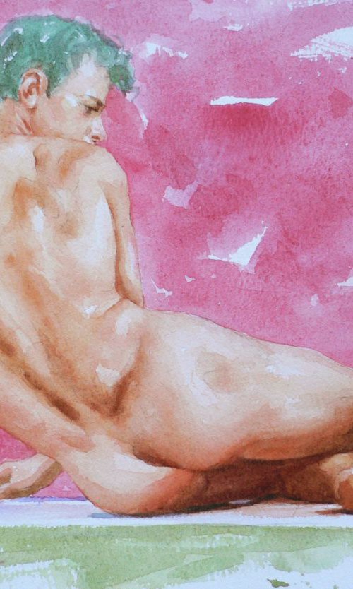 Watercolor painting male nude on paper#16-12-9 by Hongtao Huang