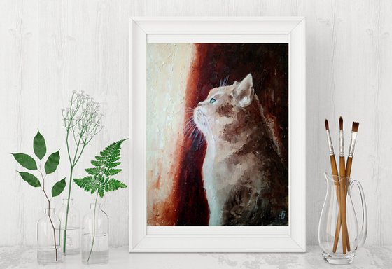 By the window, Cat Oil Painting Original Art Сute Kitten Wall Art Kitty Artwork